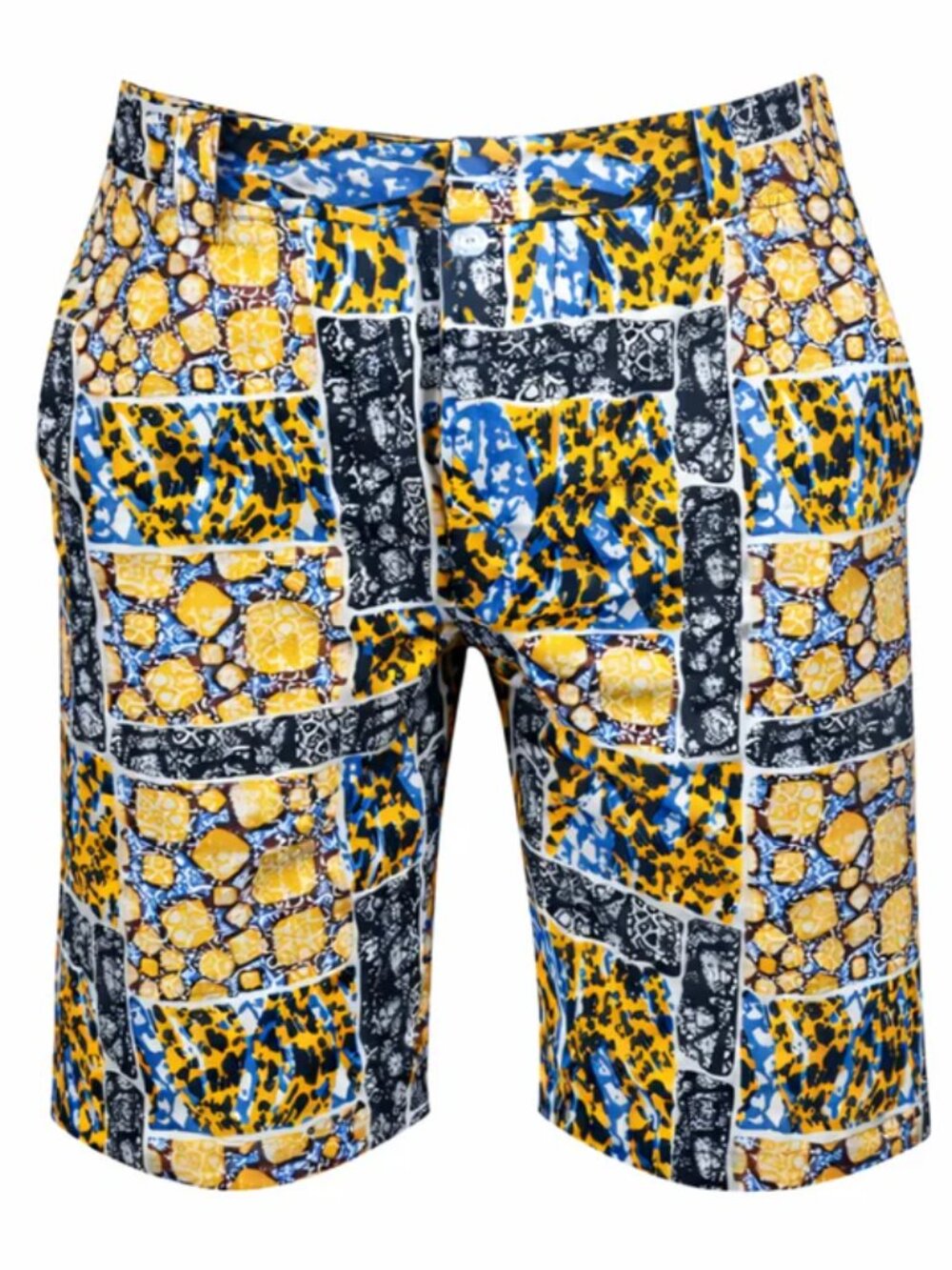 Men’s Patchwork Ankara Print Shorts – Yellow Blue Black African Casual Shorts